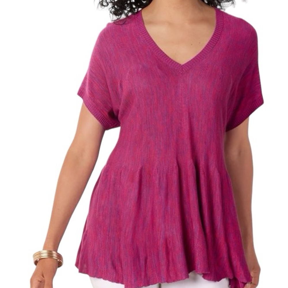Soft Surroundings Knit V Neck Pleated Peplum Relaxed Top MP  Heather Pink Purple